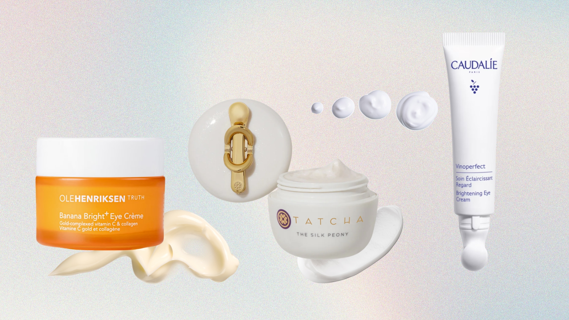 A collage of some of the best eye creams featured in this guide, including formulas from OLEHENKRIKSEN, Tatcha and Caudalie, featured on a pastel, multi-coloured gradient template, with cream swatches 