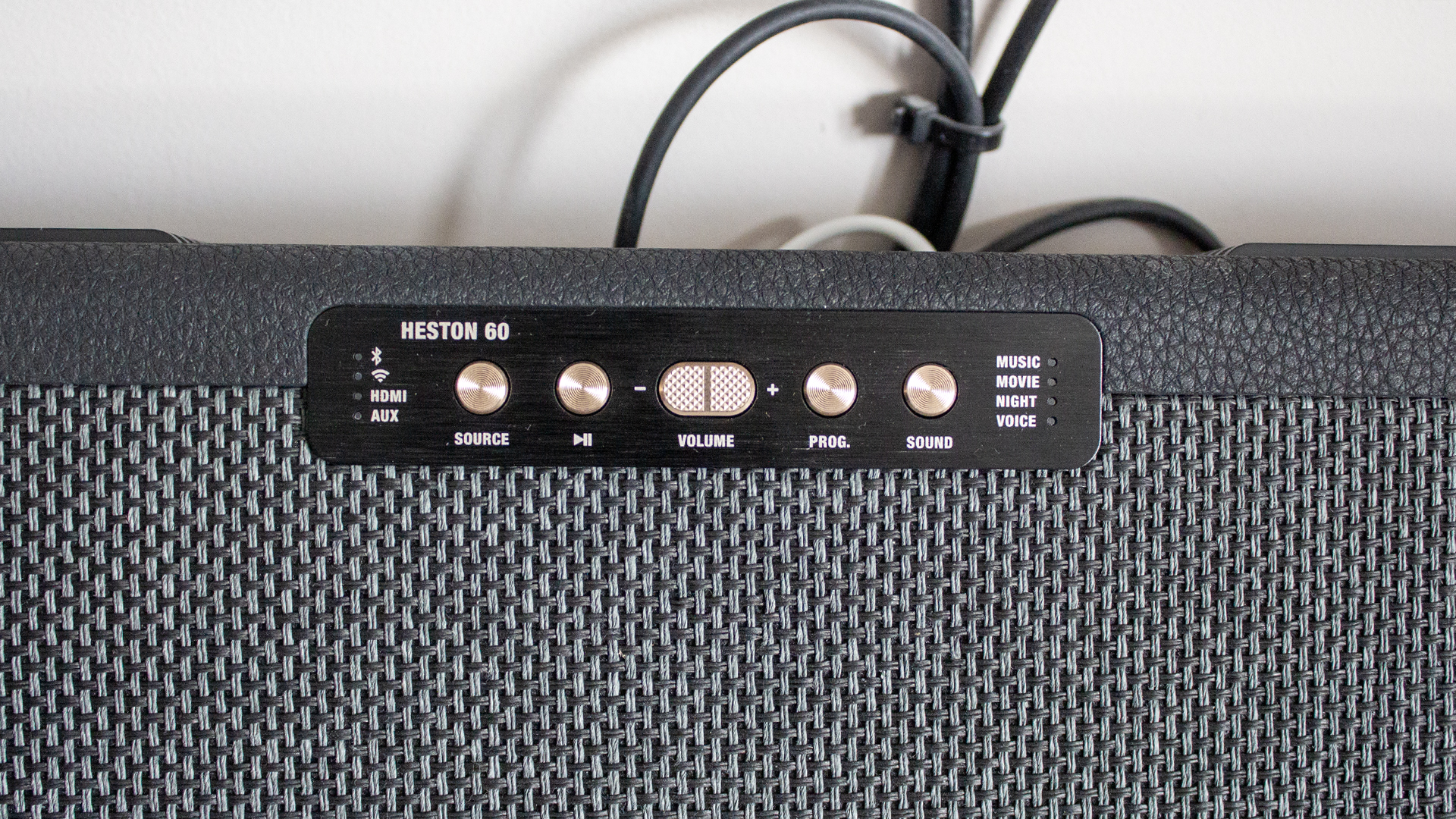 an image of marshall's heston 60 soundbar in a simple white room