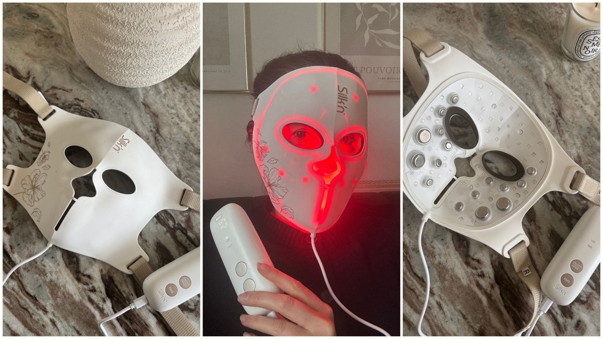 A collage with photos of the Silk'n LED EMS Face Mask, and beauty editor Eleanor Vousden testing it