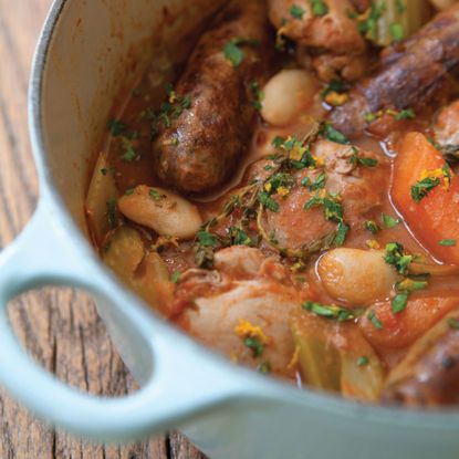 Hairy Bikers Dieters Special Cassoulet in a Le Creuset casserole dish