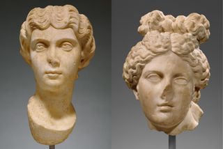 On the left panel, a statue head with a smooth rounded shape at the base of the neck. On the right panel, a statue head with a jagged break in the middle of the neck.