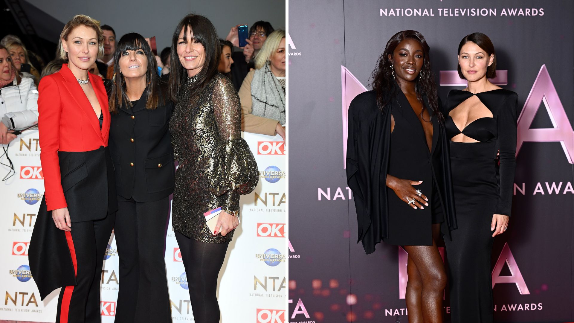 L-Emma Willis with Claudia Winkleman and Davina McCall, R-Emma Willis and AJ Odudu
