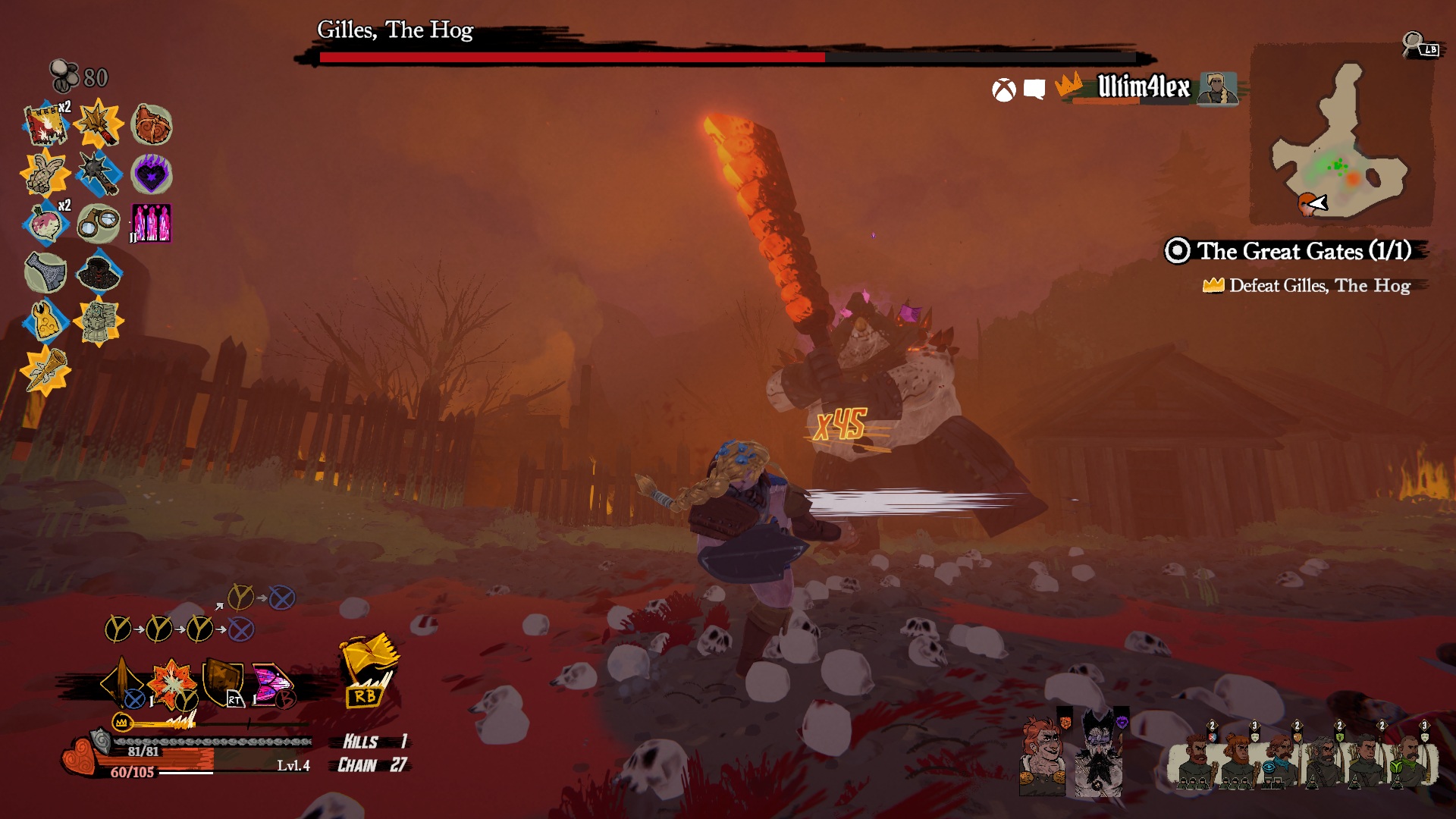 A female Scottish warrior is fighting a giant, male, demonically influenced warrior wield a sword made of molten magma on a battlefield covered in skulls and blood.
