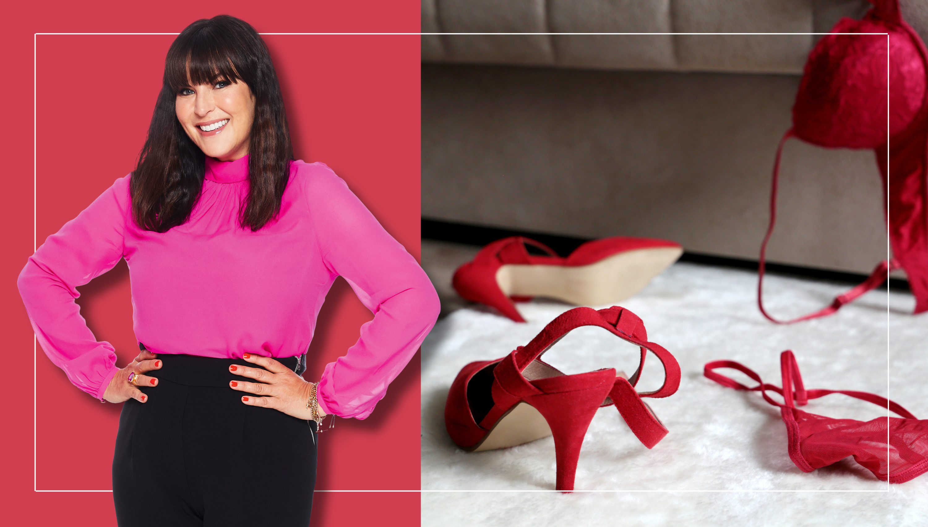A composite image shows relationship columnist Anna Richardson, and an image of red heels and underwear strewn on the floor beside a bed