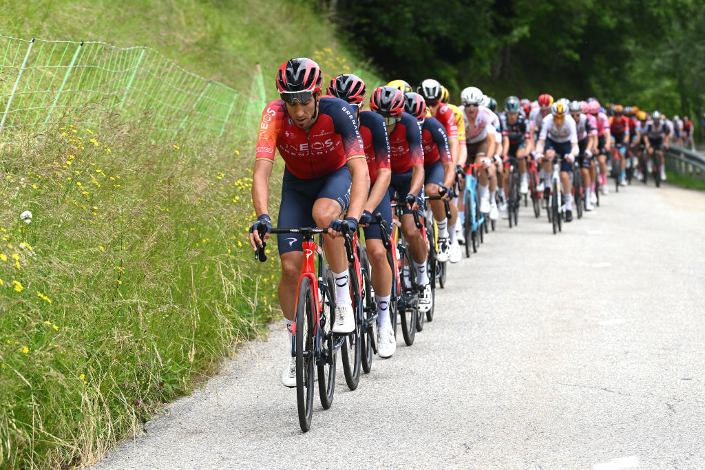 COL DE LA CROIX DE FER FRANCE JUNE 10 Omar Fraile of Spain and Team INEOS Grenadiers leads the peloton during the 75th Criterium du Dauphine 2023 Stage 7 a 1479km stage from PortedeSavoie to Col de la Croix de Fer 2067m UCIWT on June 10 2023 in Col de la Croix de Fer France Photo by Dario BelingheriGetty Images