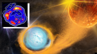 (Main) an illustration of a type Ia supernova erupting as a white dwarf feeds on a companion star (Inset) a new image of the LMC supernova remnant MC SNR J0519&ndash;6902