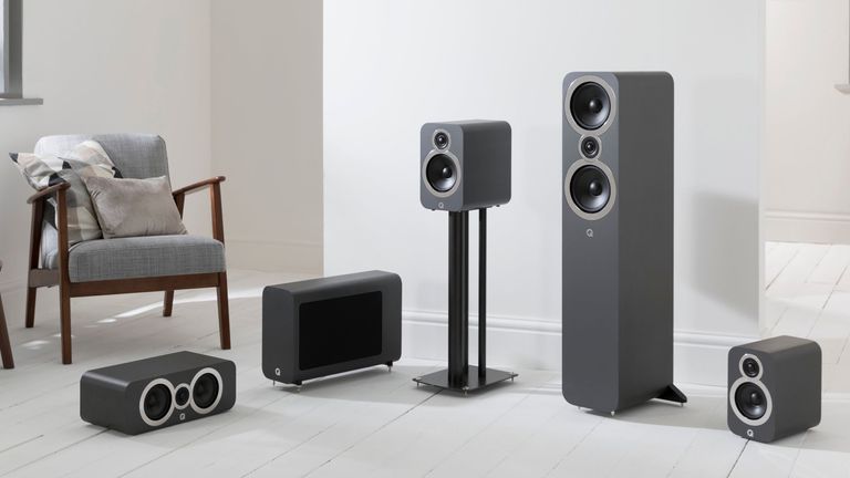 Best surround sound systems 2022, image shows Q Acoustic 2050i setup in a living room