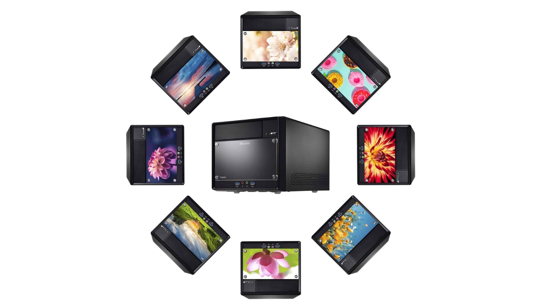 Shuttle XPC circled by versions with custom artwork inserted in front.