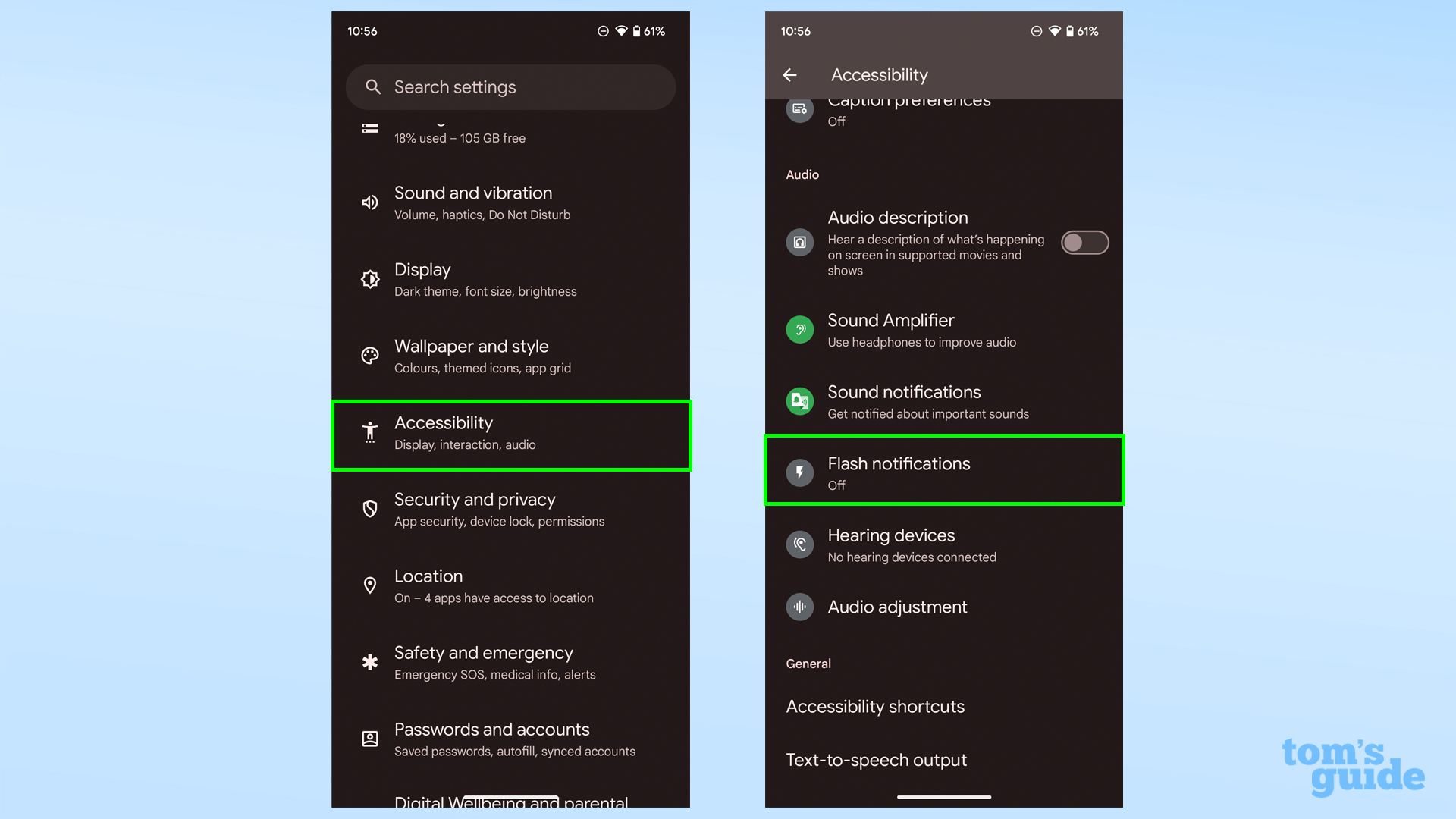 Снимок экрана, показывающий, как перейти к настройкам Flash-уведомлений в Android 14.