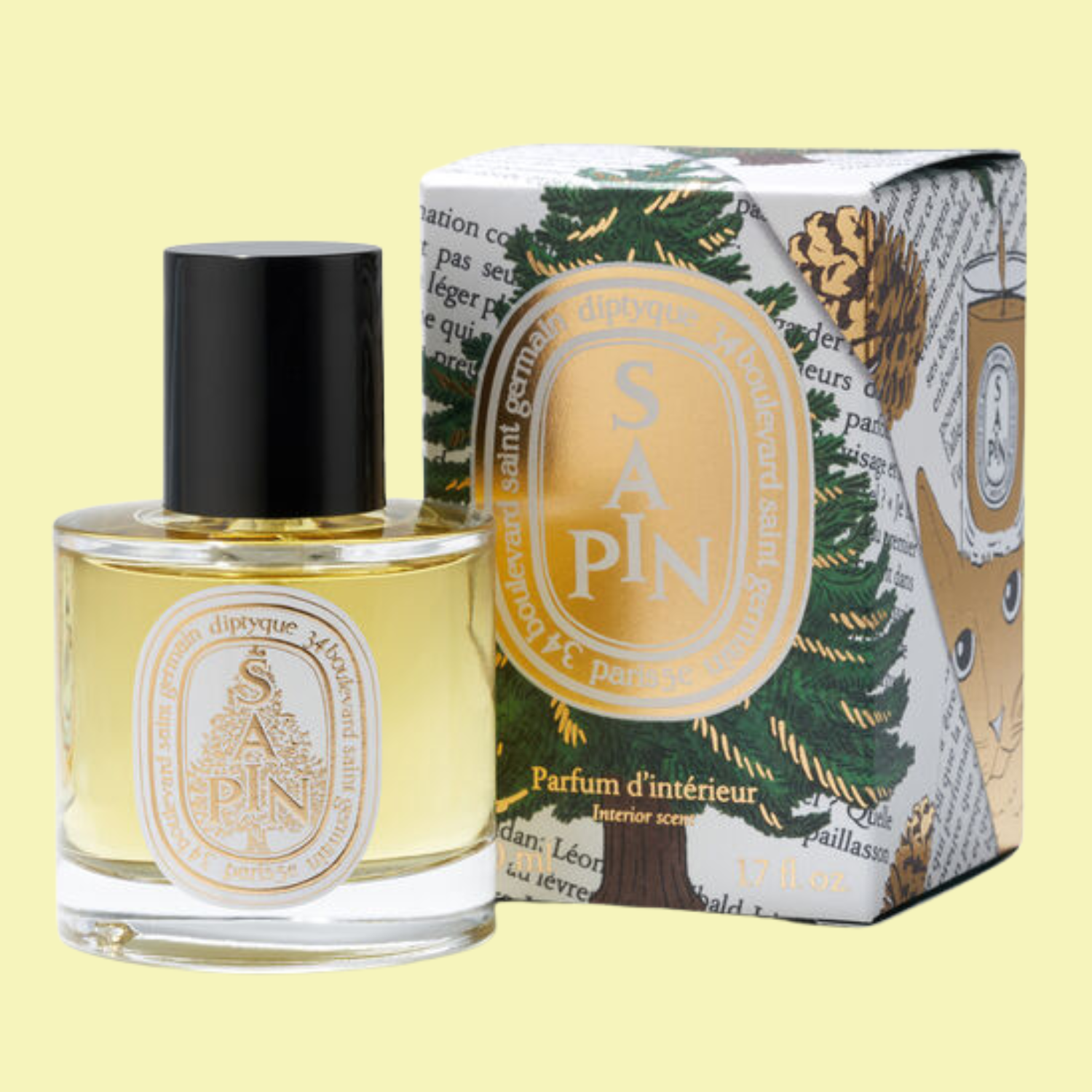 A glass bottle of sapin room spray