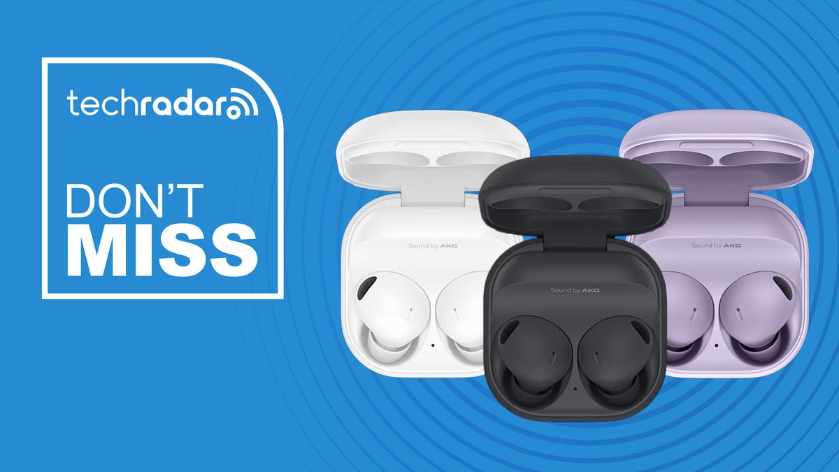 Samsung Galaxy Buds 2 Pro trio on blue background with TechRadar branding and &quot;Don&#039;t Miss&quot; text