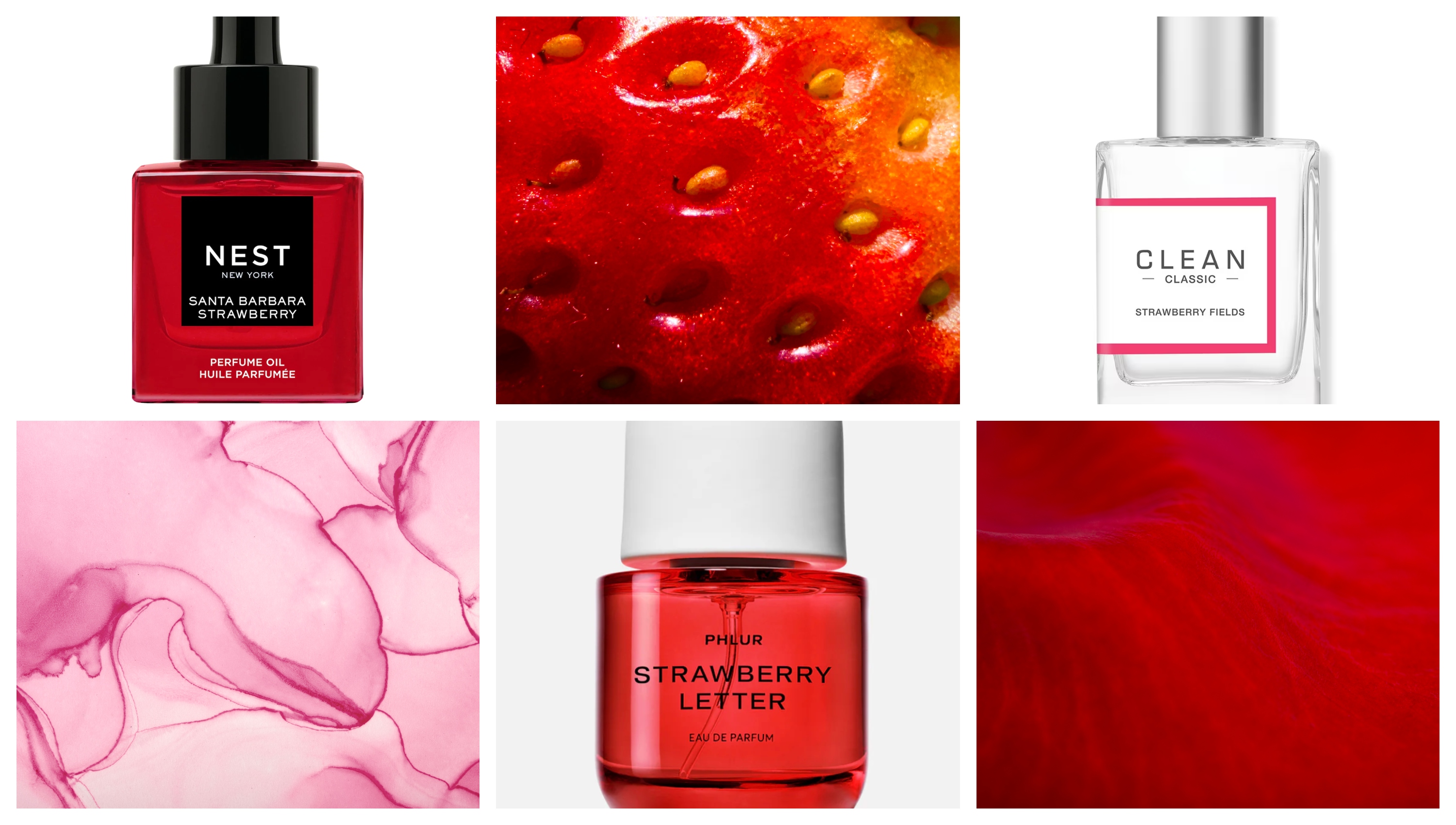 collage of strawberry perfumes and textures