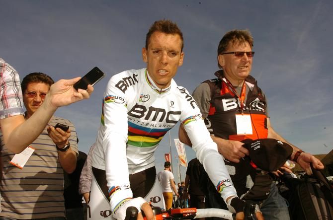 Philippe Gilbert (BMC) answers questions after the finish