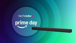 Sony HT-S100F on multicolored background with the words 'TechRadar: Prime Day' positioned on the left side of the image