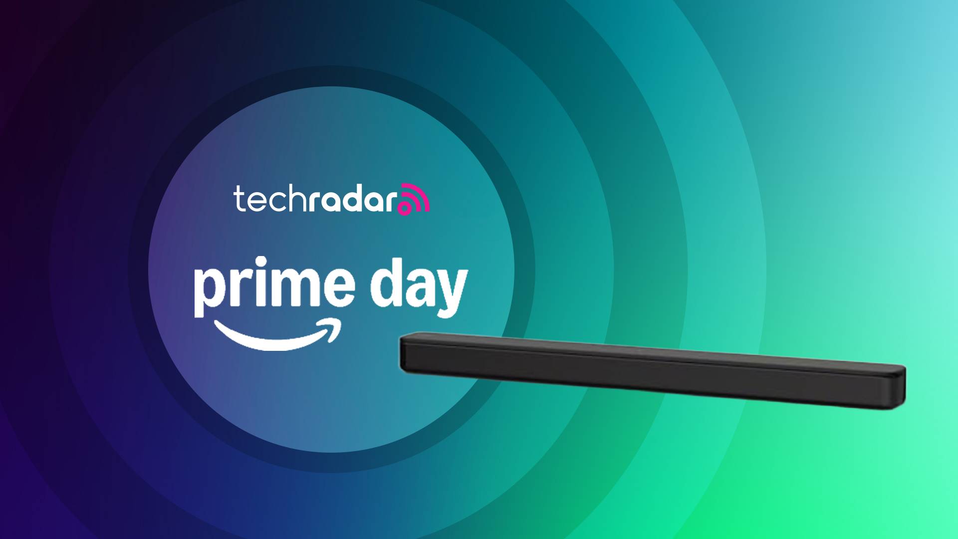 Sony HT-S100F on multicolored background with the words &#039;TechRadar: Prime Day&#039; positioned on the left side of the image