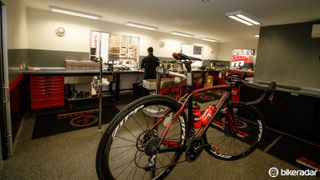 When not wrenching at one of the many supported road or mountain bike events, the small service crew are all hands-on providing service of product – some of that is warranties; plenty of it paid rebuilds (through bike stores).