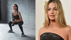 Margot Robbie headshot and a woman squatting