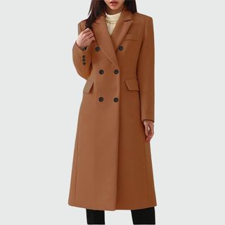 Notch Lapel Camel Coat on model 