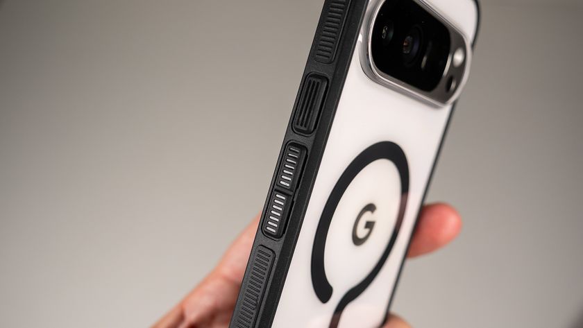 A Dbrand Ghost 2.0 case on a white Google Pixel 10 Pro XL