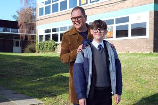 Alan Carr and Young Alan actor Oliver Savell during the filming of Changing Ends series 2.