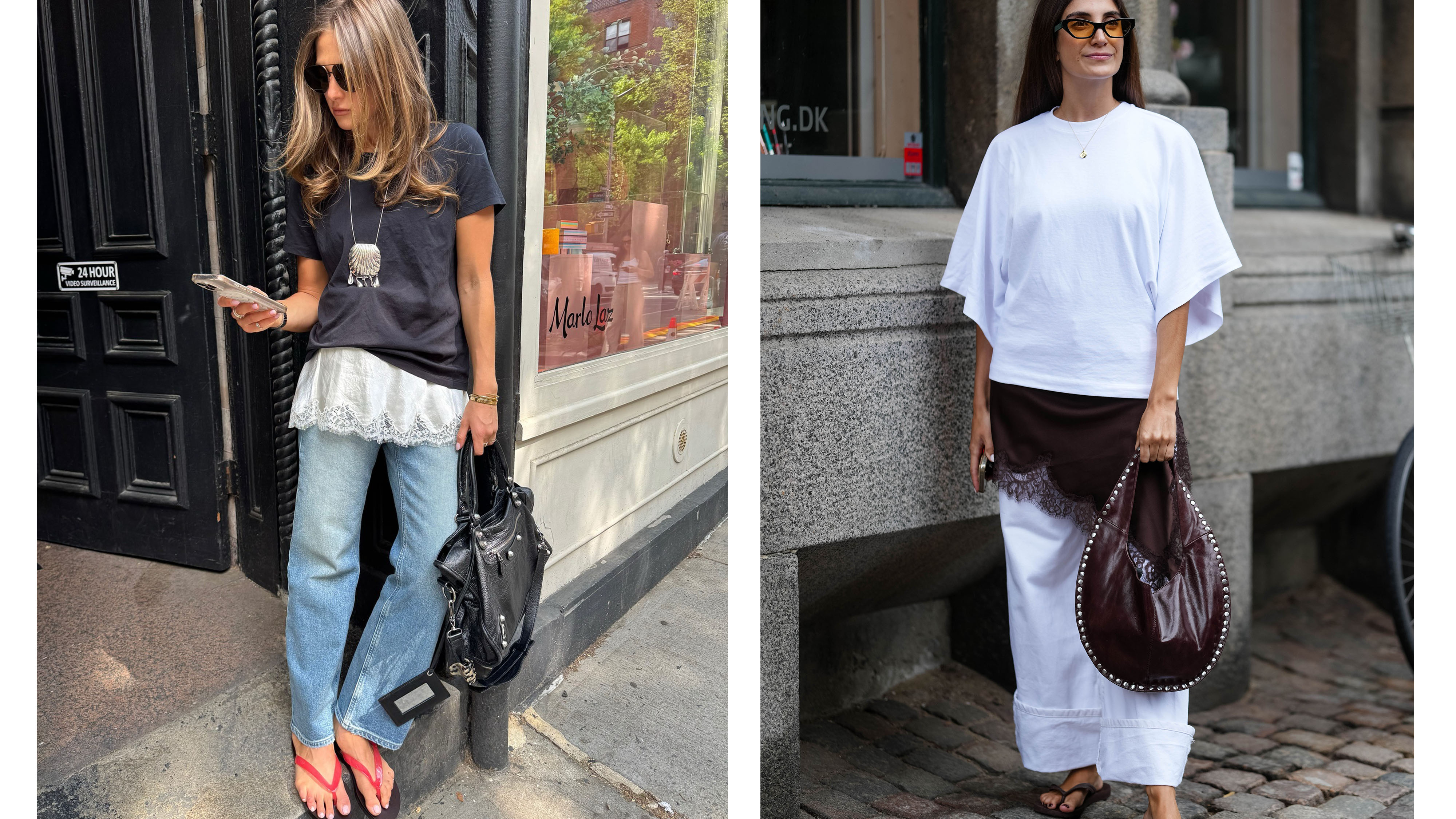 Women in jeans styled with lace skirts and t-shirts