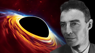 illustration of a black hole next to a head shot of Robert Oppenheimer