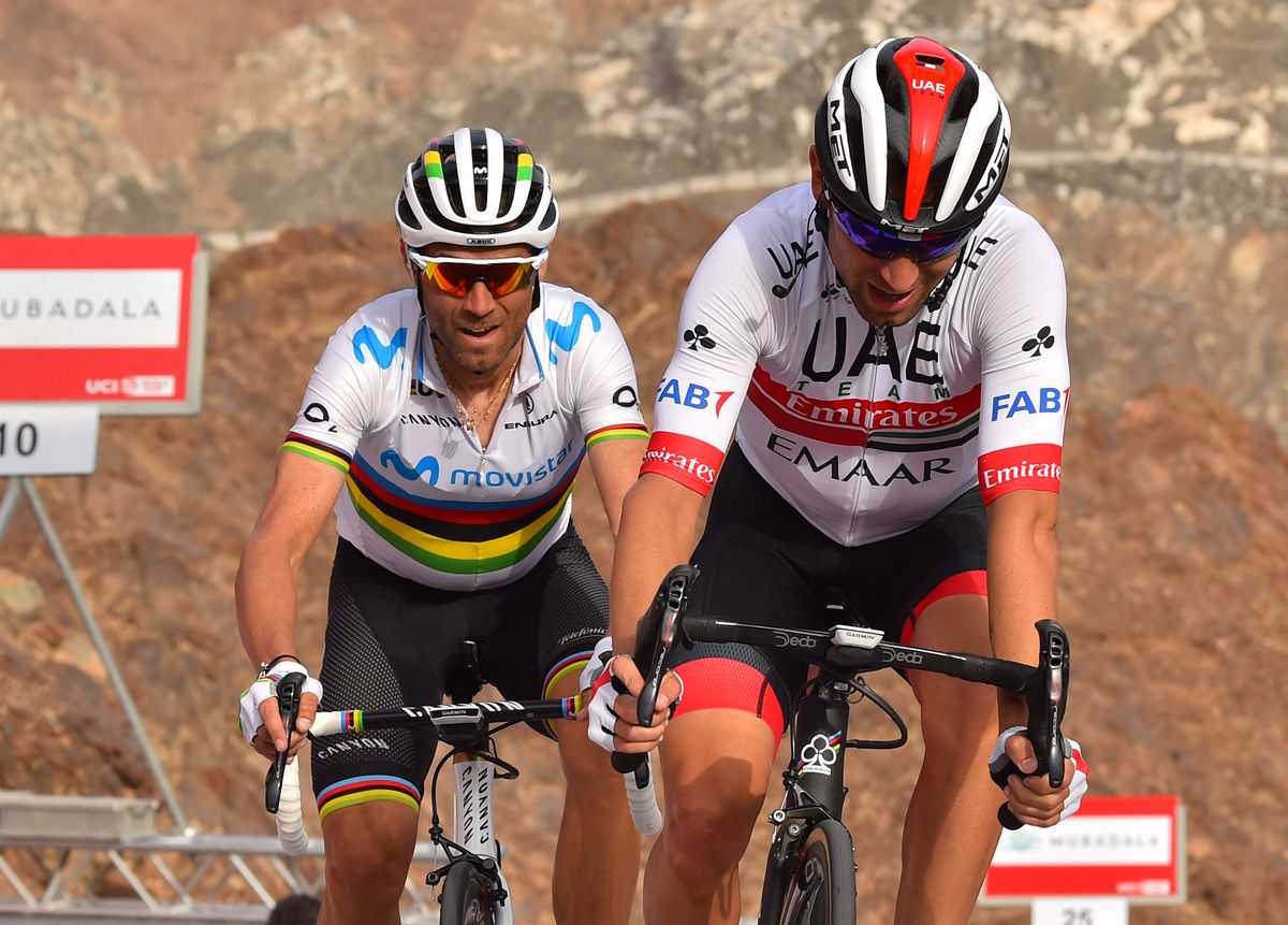Diego Ulissi crosses the line ahead of Alejandro Valverde