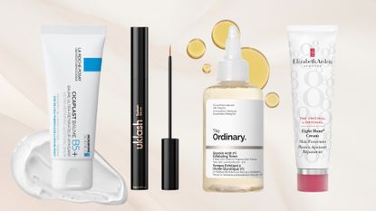 Lineup of the beauty products we&rsquo;ve repurchased more than 9 times (L-R) from La Roche-Posay, UKLASH, The Ordinary and Elizabeth Arden, on a pink background with cream and serum swatches