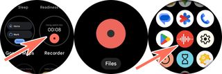 Launching the Recorder app on a Google Pixel Watch 3 by either adding the quick tile to the Tiles UI or picking it from the app drawer