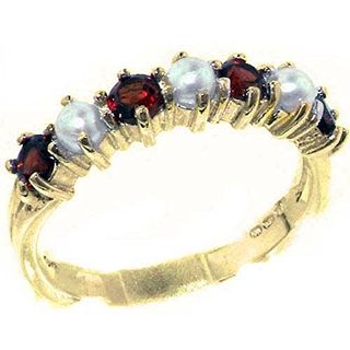 Solid 9ct Yellow Gold Ring, Natural Garnet & Pearl Ladies Eternity Band Ring - Size J