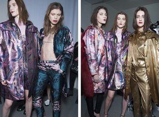 Two side-by-side photos of female models wearing looks from MSGM's collection. In the first photo one model is wearing a metallic dress and matching coat in blue, purple and green. Next to her is a model wearing a light coloured top with a teal and pink coat and matching trousers. In the second photo there are three models. Two are wearing multicoloured pieces with one featuring dark red fur on the back. And the third model is wearing a dark gold shirt, trousers and coat