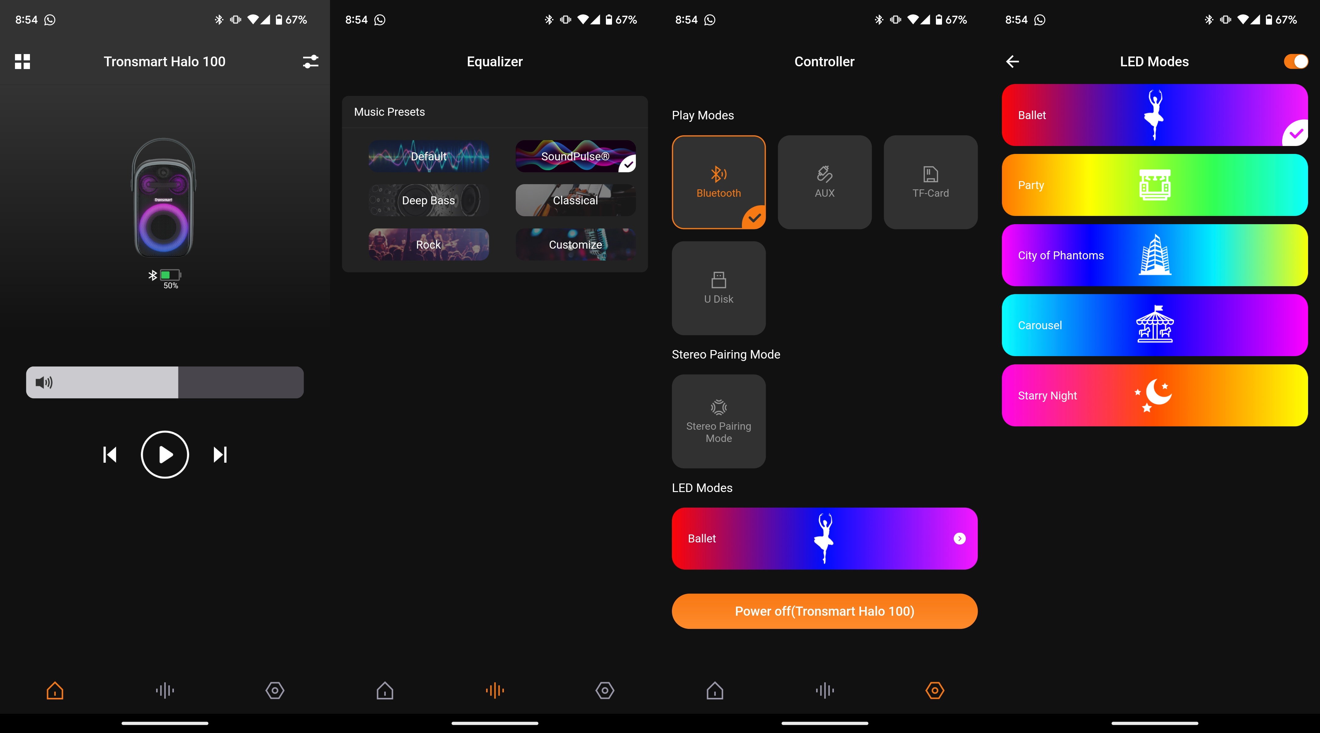 Capturas de tela do aplicativo Tronsmart para Android mostrando opções para o alto-falante Halo 100 Bluetooth.