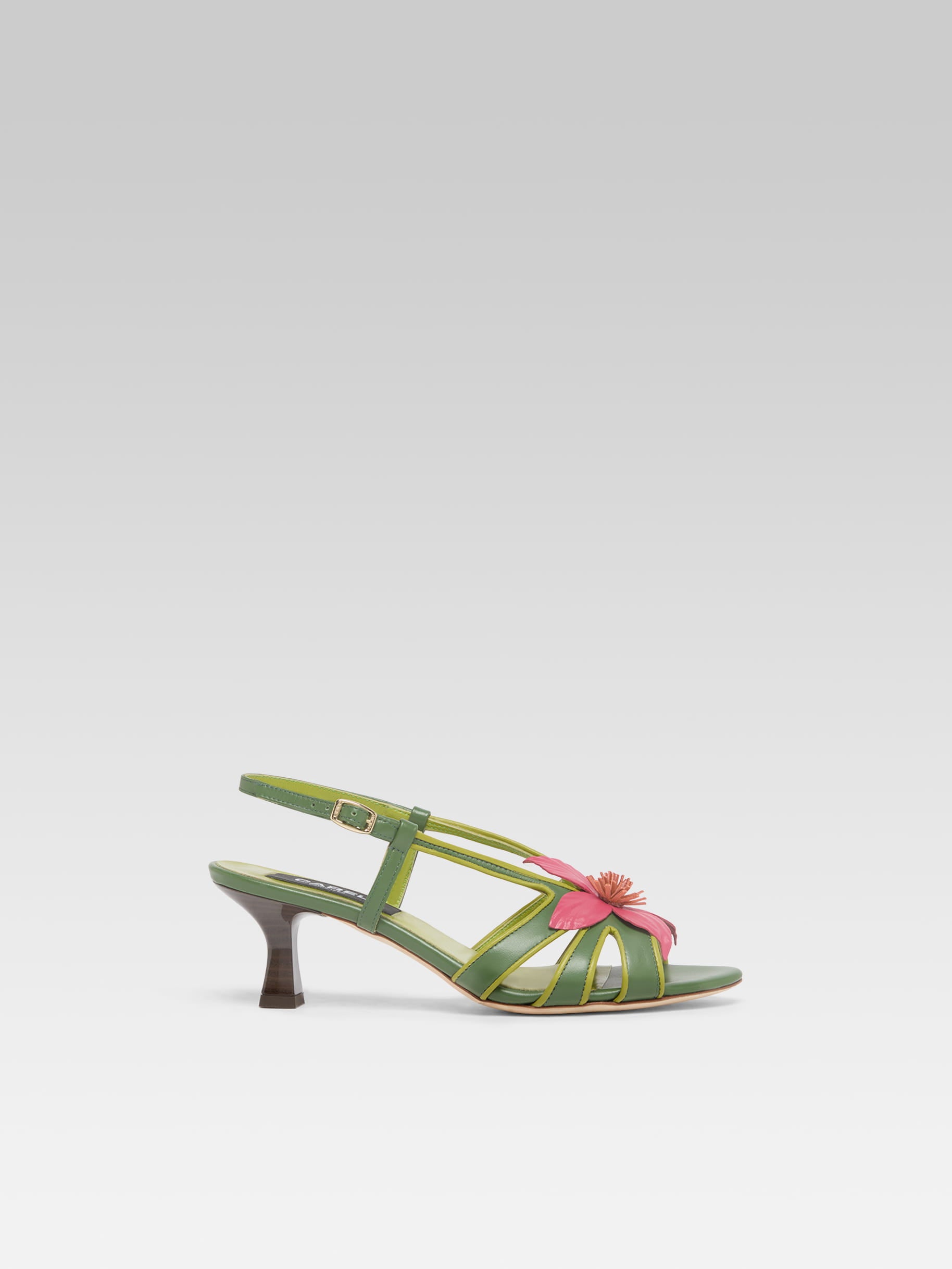 Acai - Green Leather Heeled Sandals With Pink Flower