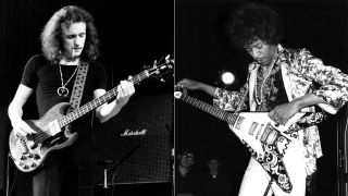 Photo of Jack BRUCE; ID# WBLb 31, Jack Bruce, West, Bruce and Laing., Copenhagen. Rock guitarist Jimi Hendrix of the rock band 'The Jimi Hendrix Experience' performs onstage with a Gibson Flying V electric guitar 