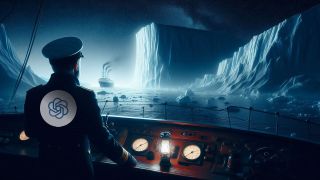 Microsoft Designer AI generated image of a ship captain looking out at an iceberg