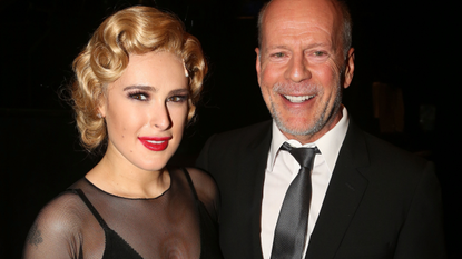 Rumer Willis and father Bruce Willis pose backstage as Rumer makes her broadway debut as &quot;Roxie Hart&quot; in Broadway&#039;s &quot;Chicago&quot; on Broadway at The Ambassador Theater on September 21, 2015 in New York City.