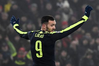 Arsenal's Spanish forward Lucas Perez celebrates after scoring a second goal during the UEFA Champions league Group A football match between FC Basel 1893 and Arsenal FC on December 6, 2016 at the St Jakob Park stadium in Basel.