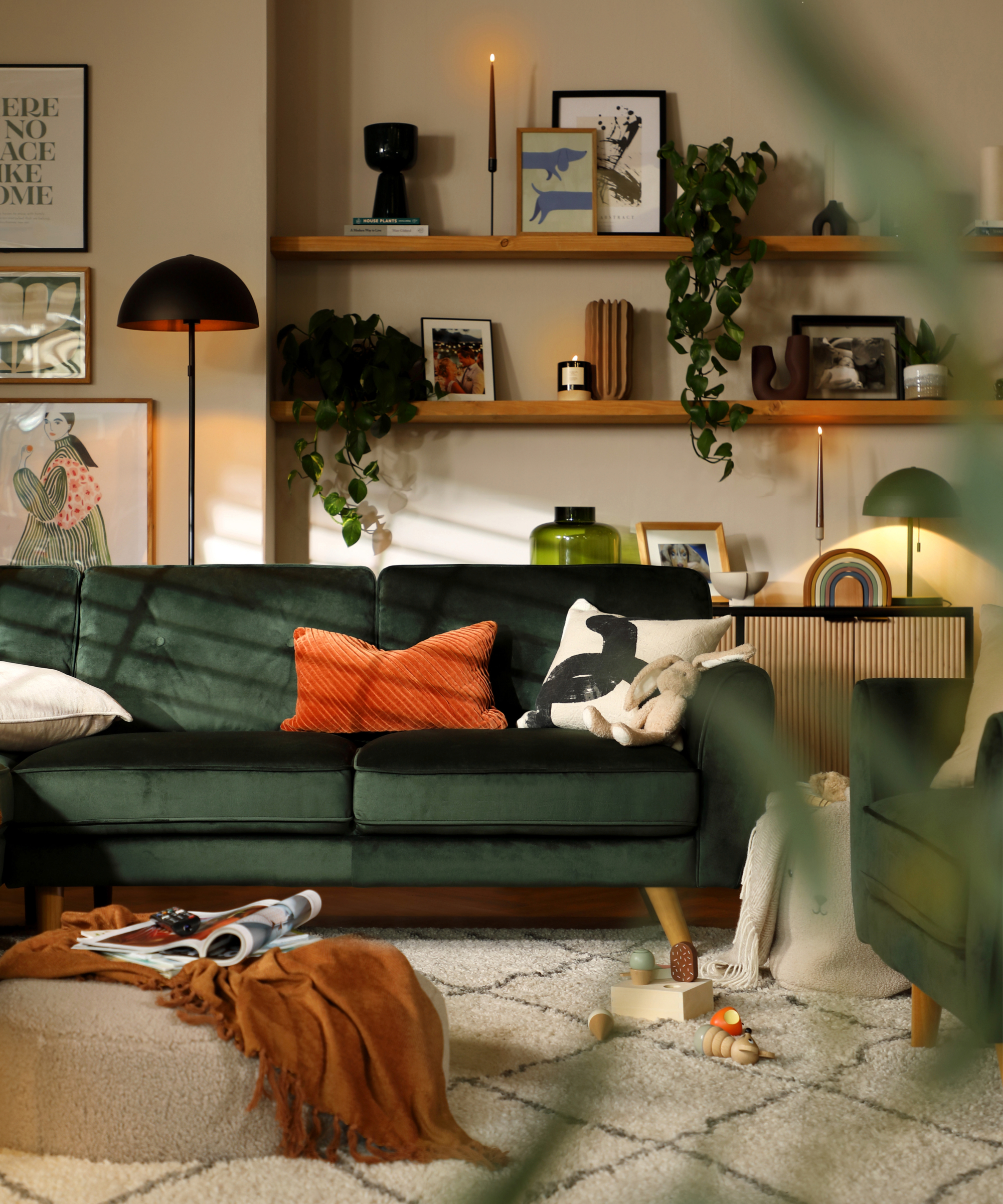 Living room with green couch