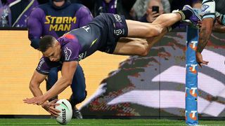 Will Warbrick of the Storm scores a try in the NRL Finals Series 2025