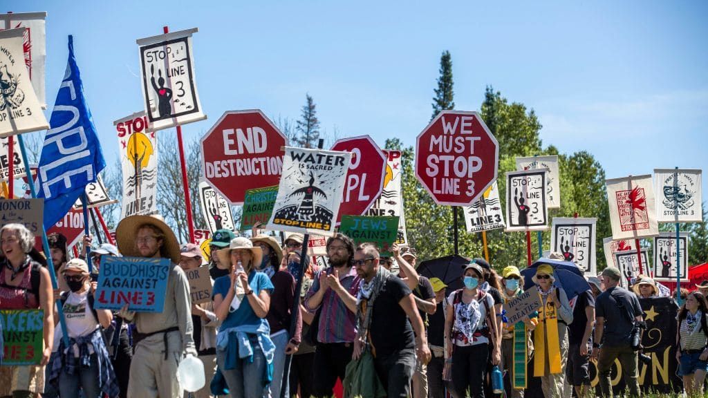 Protesters at the Line 3 pipeline pump station in Minnesota.