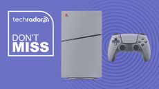 The 30th Anniversary DualSense controller and PS5 Slim on a violet background with white don't miss text