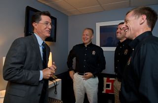 Stephen Colbert Talks with STS-135 Astronauts Prior to TV Taping