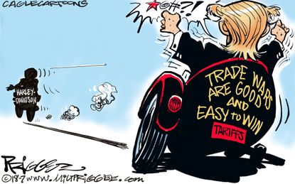 Political cartoon U.S. Trump trade war Harley-Davidson