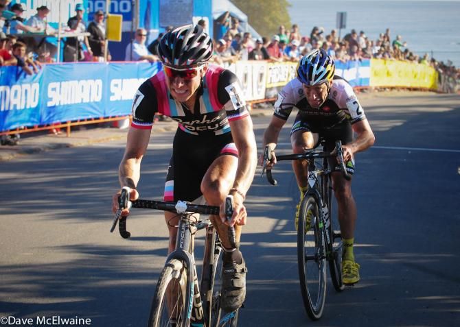 Jeremy Powers (Rapha Focus) leading Johnson with one lap to go