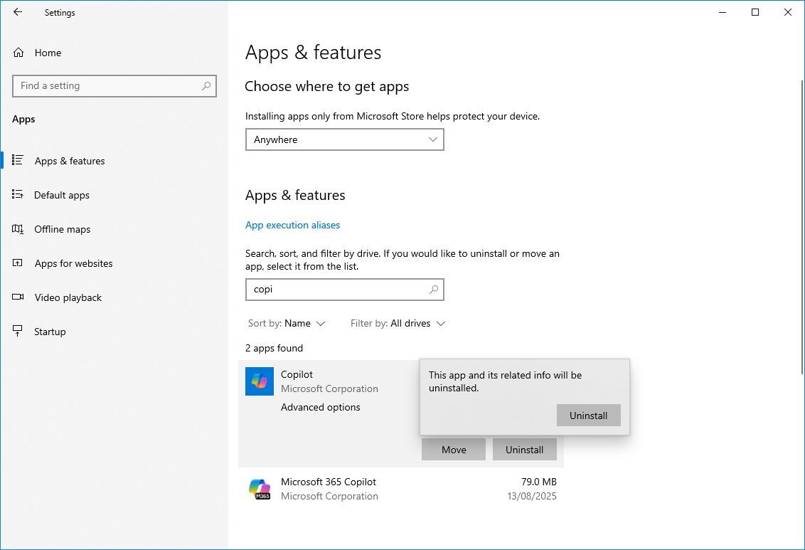 Windows 10 uninstall Copilot