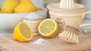 Picture of lemons and salt next to a scrubbing brush on a wooden chopping board