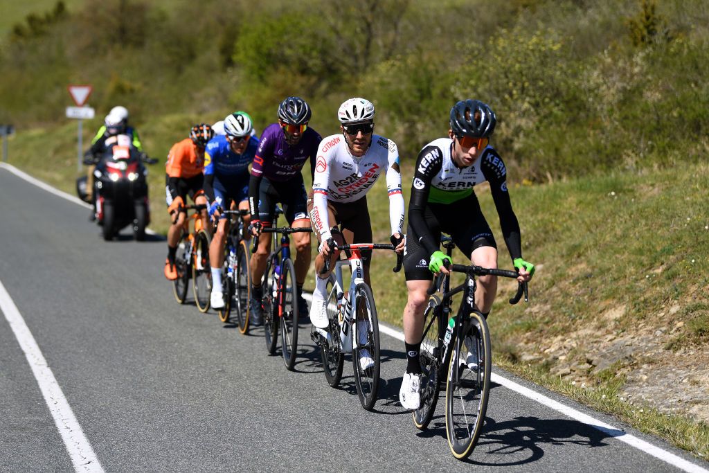 ERMUALDE LAUDIO SPAIN APRIL 07 Roger Adri Oliveras of Spain and Equipo Kern Pharma Larry Warbasse of United States and Ag2R Citroen Team during the 60th ItzuliaVuelta Ciclista Pais Vasco 2021 Stage 3 a 1677km stage from Amurrio to Ermualde Laudio 481m Breakaway itzulia ehitzulia on April 07 2021 in Ermualde Laudio Spain Photo by David RamosGetty Images
