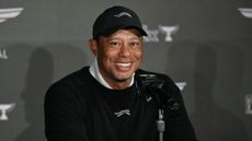 Tiger Woods talks to the media ahead of the Genesis Invitational