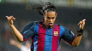Ronaldinho celebrates after scoring for Barcelona against SK Matador Puchov in the UEFA Cup in October 2003.