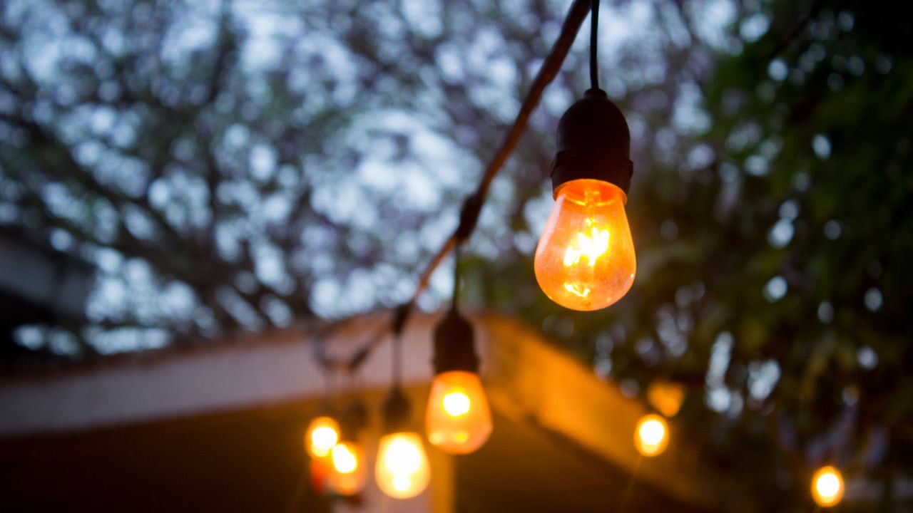 String lights at twilight 